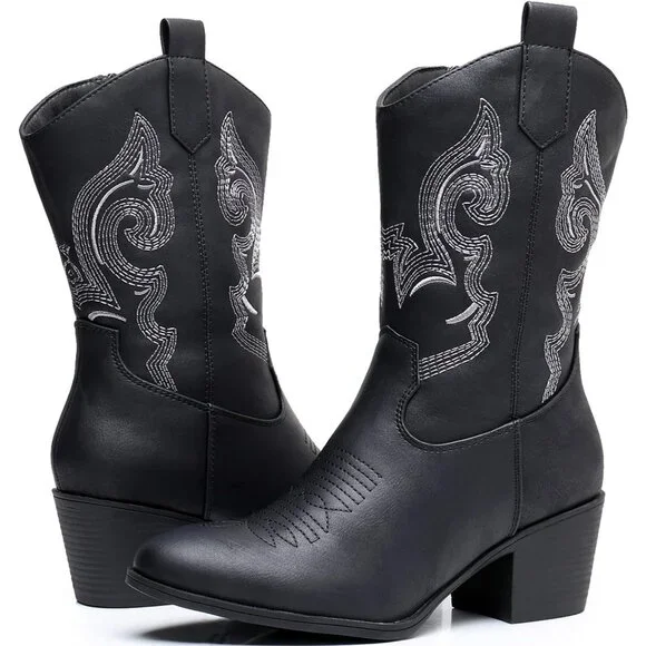 GLOBALWIN Cowgirl Boots Women's Black Faux Leather Mid Calf Chunky Low Heel